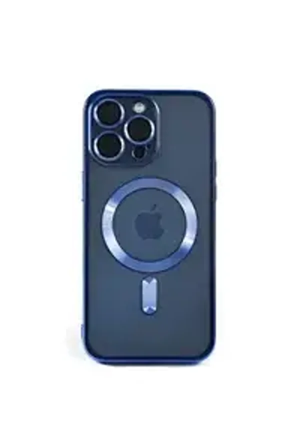 Coque pour iPhone 15 Pro  avec Cercle Magnétique et Protection Caméra, Coque Rigide Transparent Contour Bleu