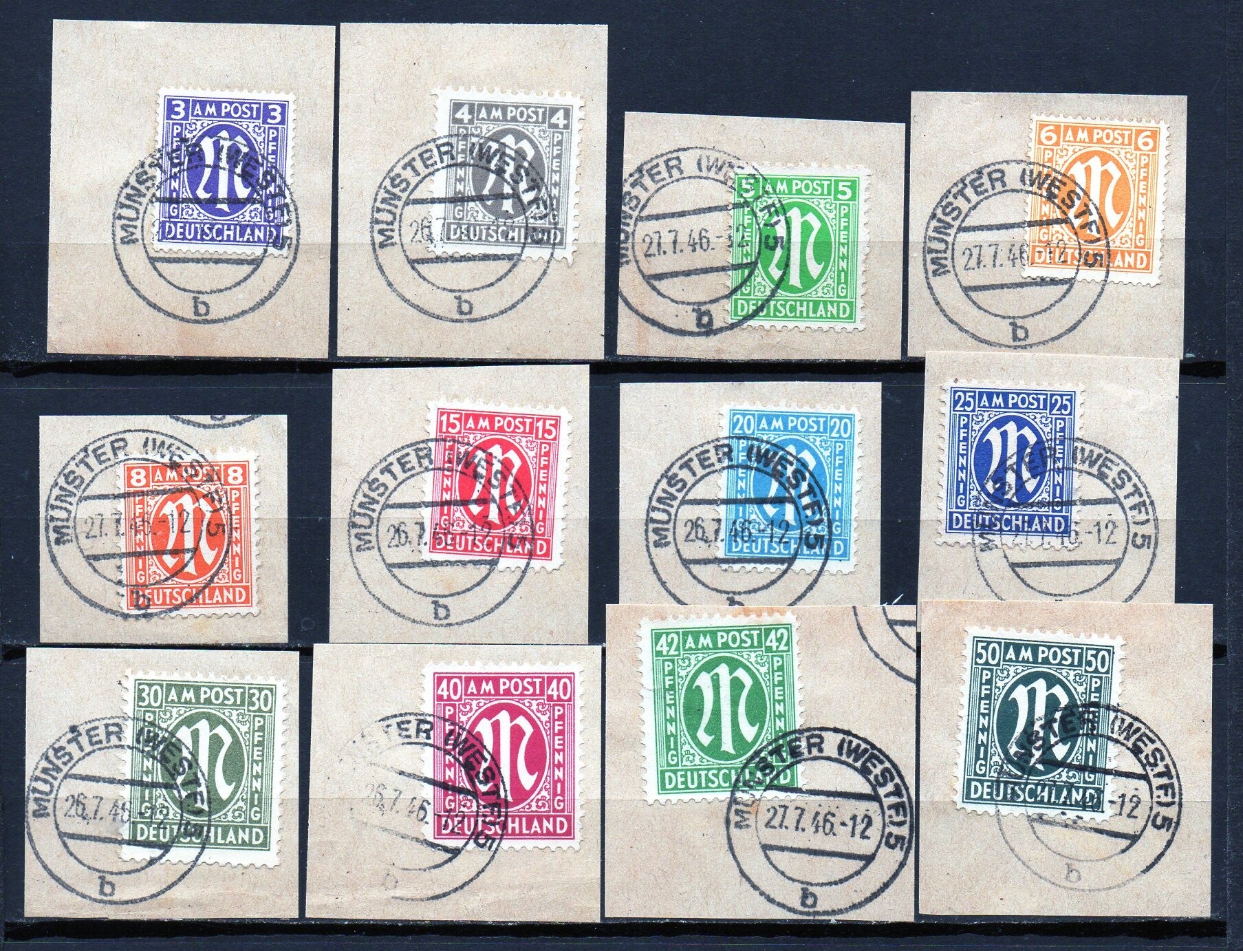 ALLEMAGNE / BIZONE 1946 / 12 TIMBRES ENTRE N° 16 et 35 MICHEL / 3 Pf à 1 DM