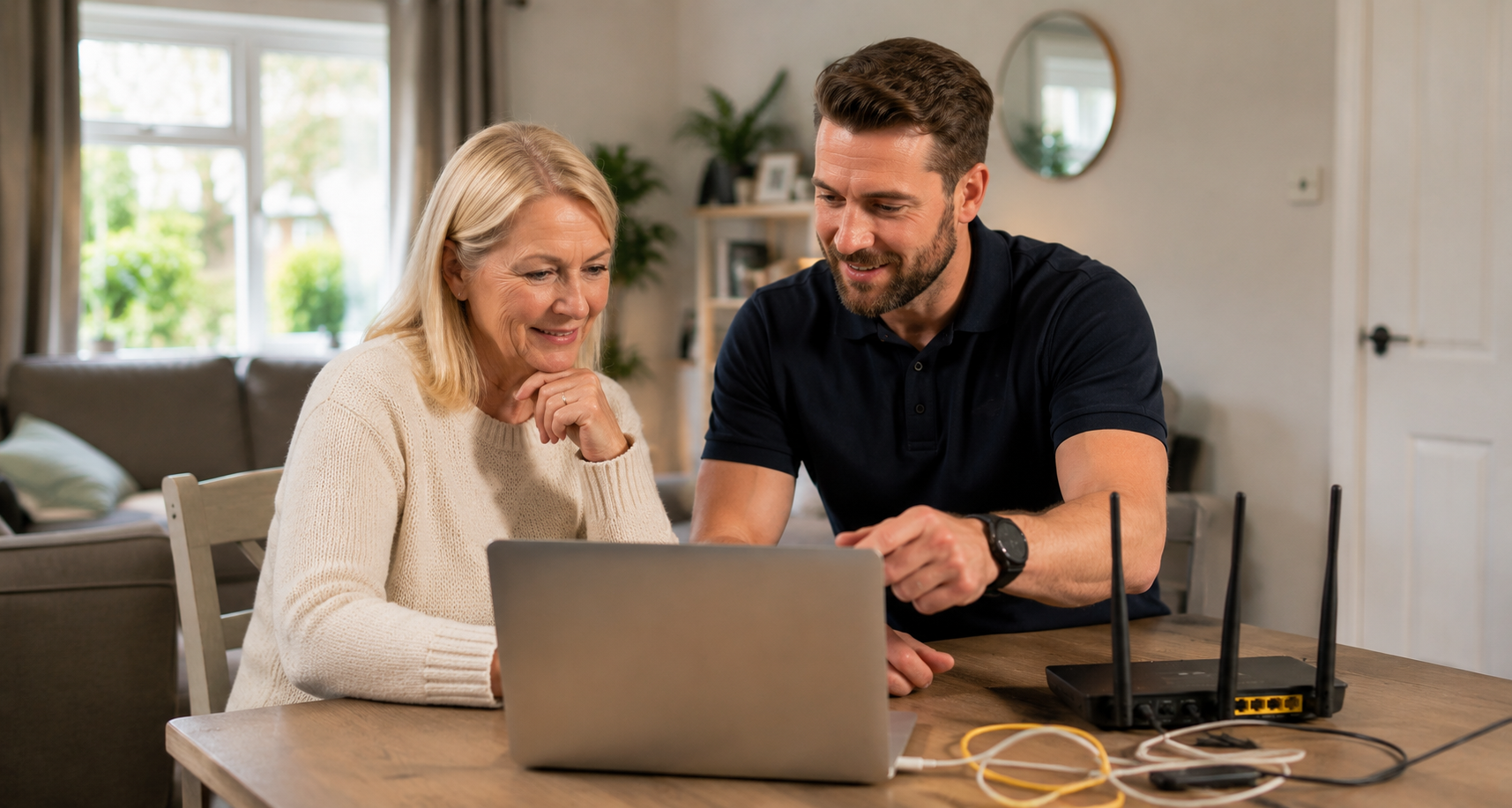 Man helping a woman with a laptop and Wi-Fi router