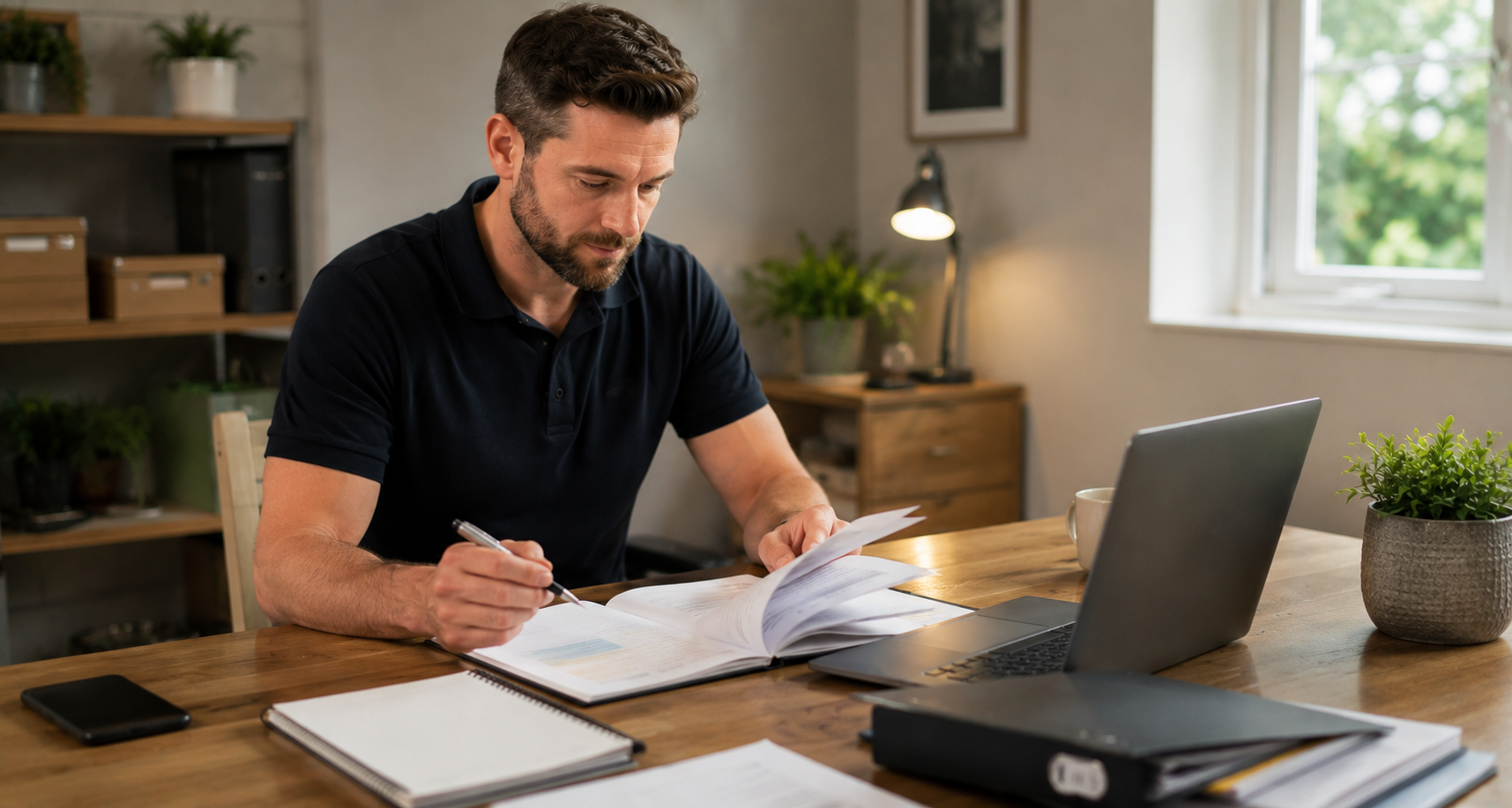 Man organising business paperwork and documents at a desk