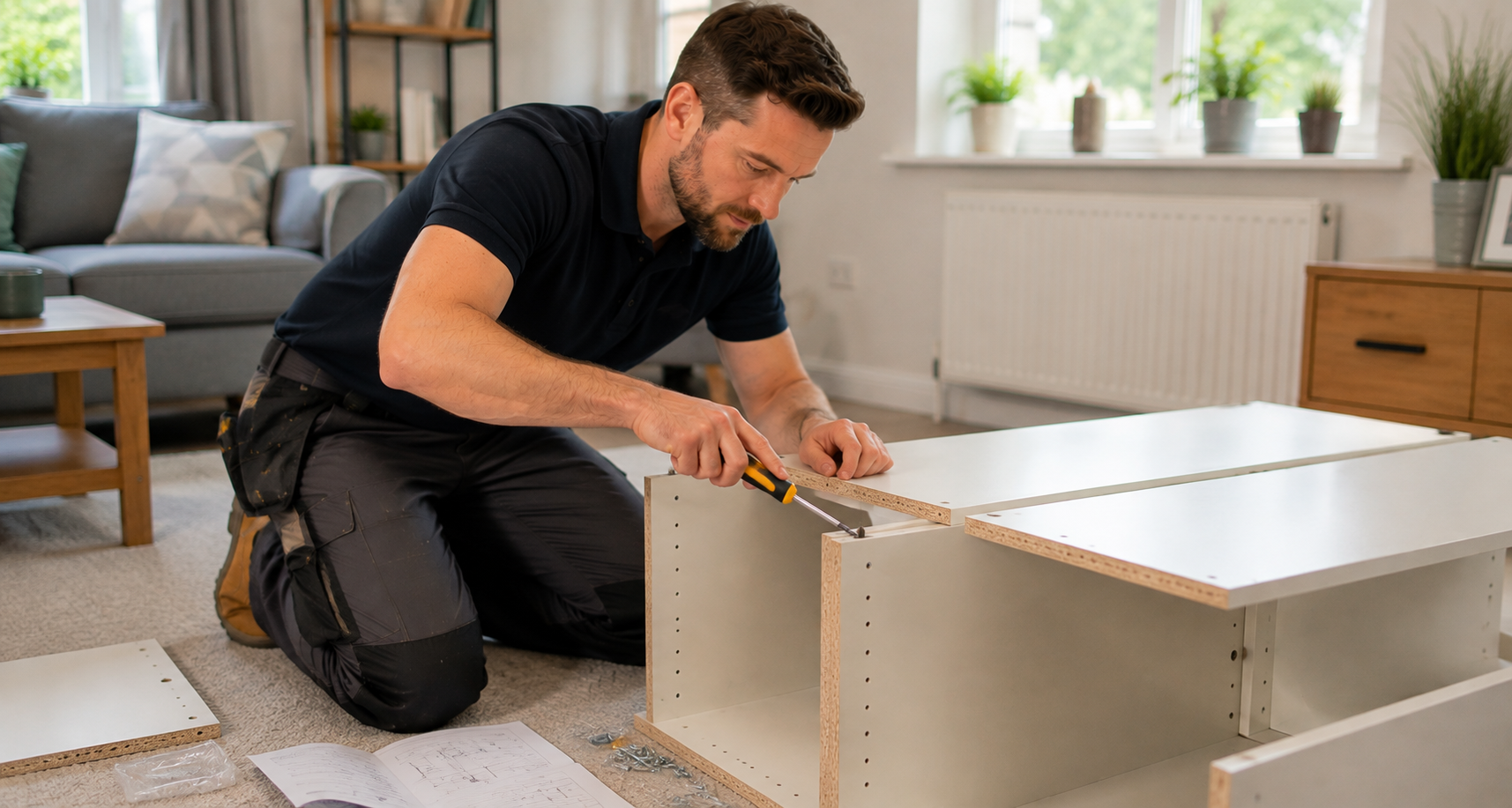 Man assembling flat-pack furniture with hand tools