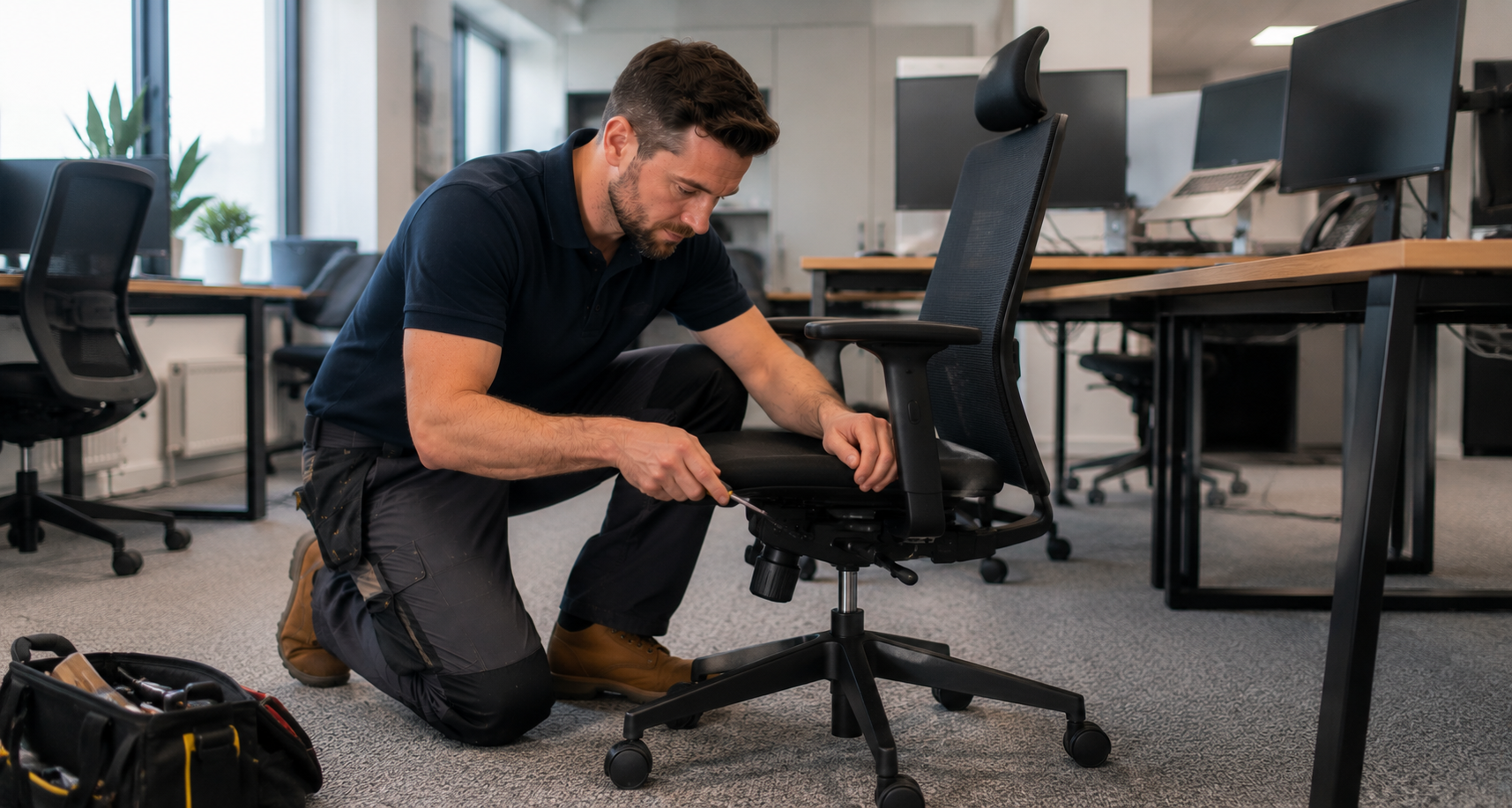 Handyman repairing an office chair with a screwdriver