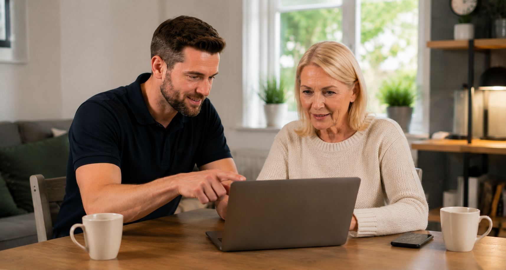 Man helping a woman with basic technology assistance