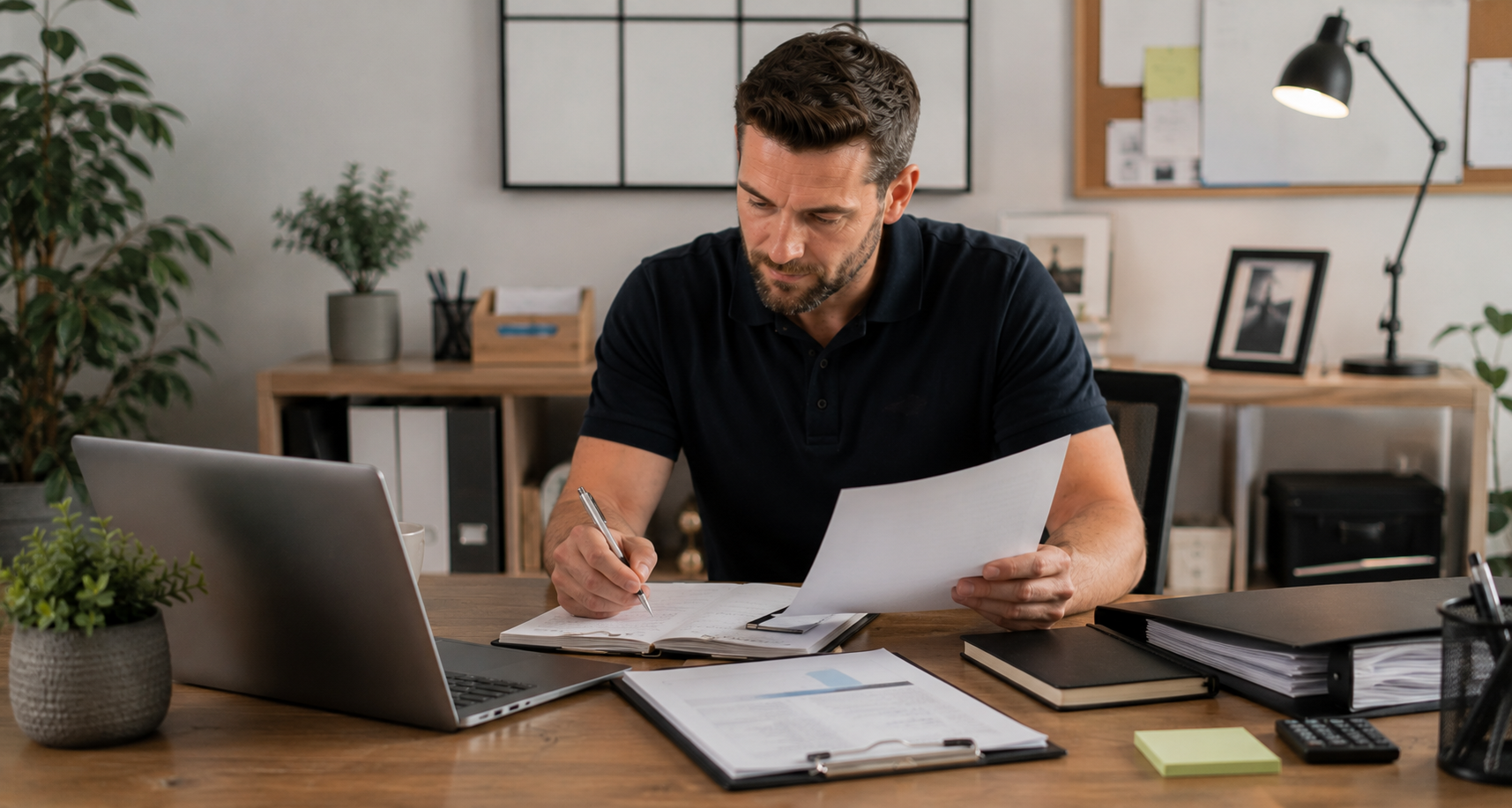 Man organising business paperwork and records at a desk