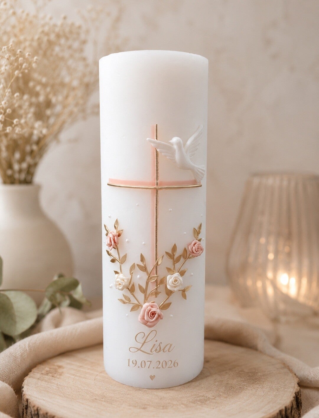 Taufkerze rustik Mädels weiss personalisiert goldenes Kreuz mit Rosen