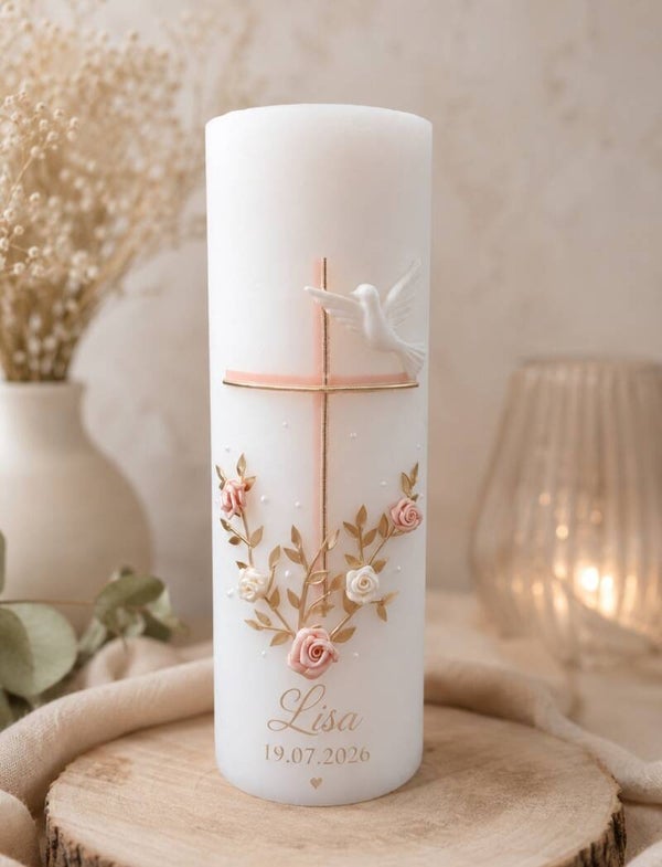 Taufkerze rustik Mädels weiss personalisiert goldenes Kreuz mit Rosen