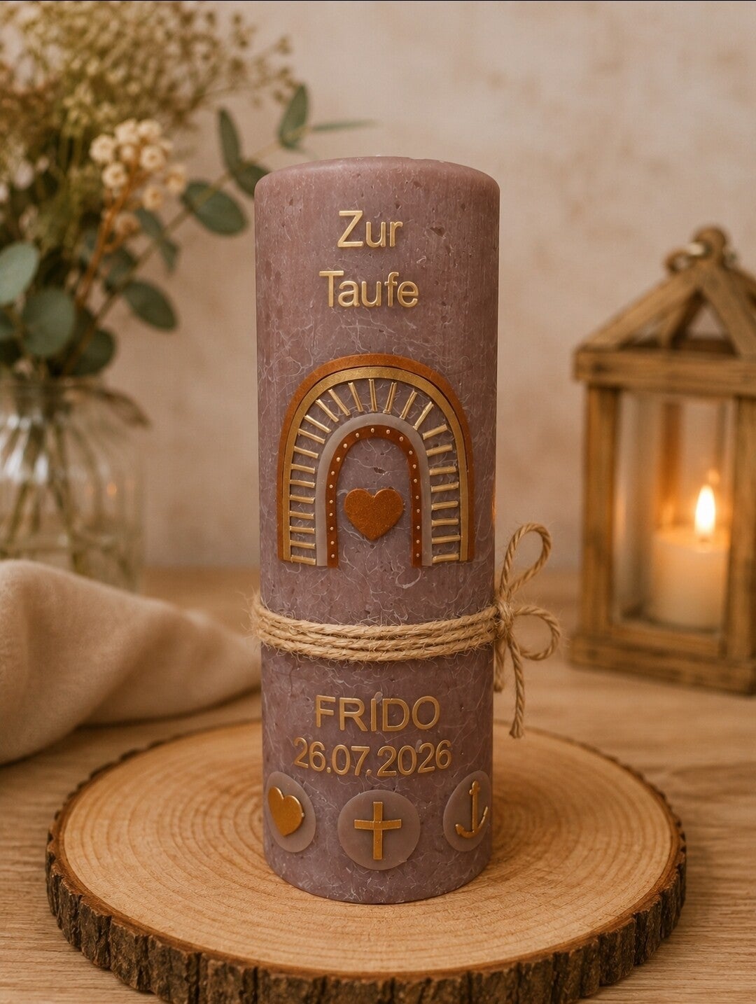 Taufkerze Junge rustik Vintage personalisiert ,,Regenbogen"