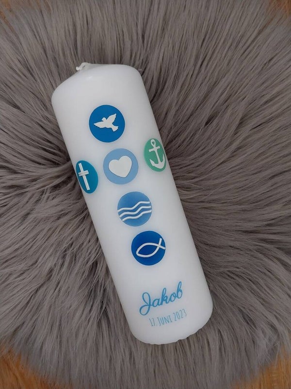 Taufkerze Junge mit blauen Punkten