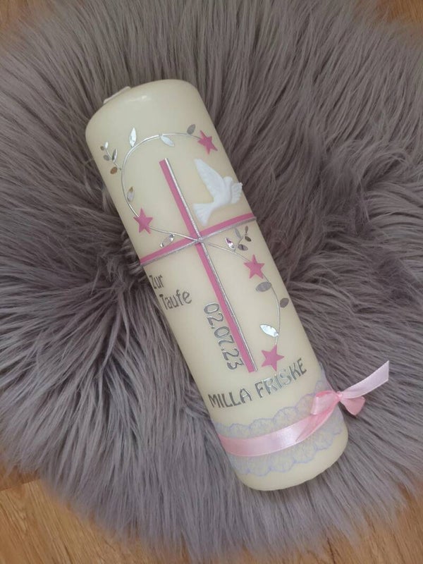 Taufkerze Mädchen personalisiert, Taufspruch  ,,rosa silber mit Sternen"