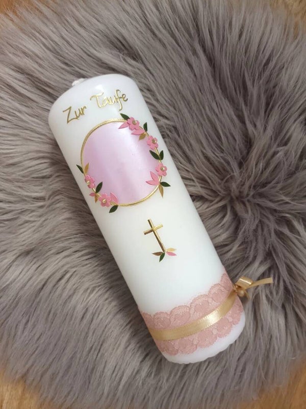 Taufkerze Mädchen ,,rosa lila Kranz''
