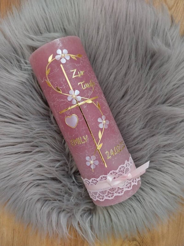 Taufkerze Mädchen Rustik rosa ,,goldenes Kreuz mit lila Blumen''