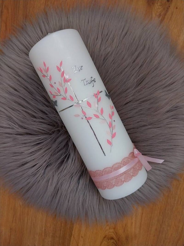 Taufkerze Mädchen ,,rosa Zweige''