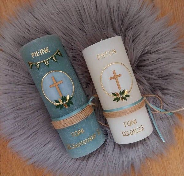 Taufkerze Mädchen/Junge personalisiert mit Spruch,,Kranz mit Kreuz"