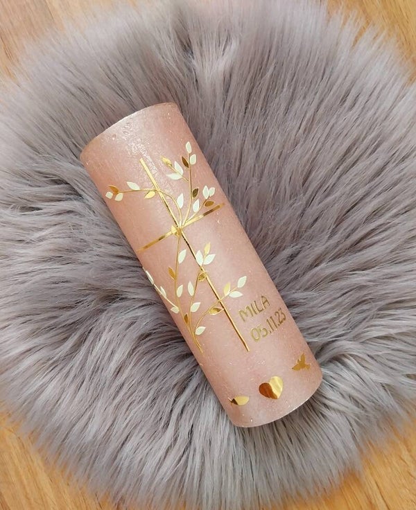 Taufkerze Mädchen rustik rosa personalisiert und Spruch,,gold cremeweisse Zweige''