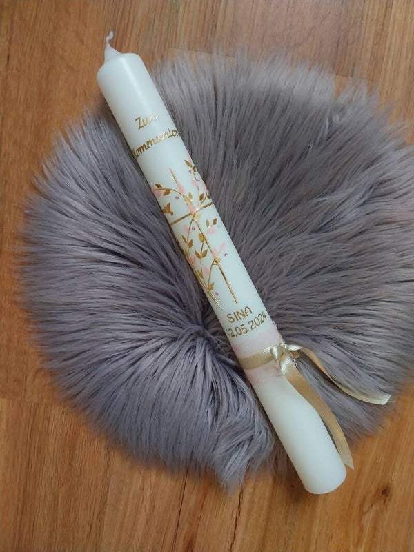 Kommunionkerze Mädchen ,,goldenes Kreuz mit rosa gold Zweigen "