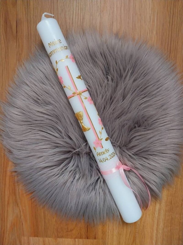 Kommunionkerze Mädchen ,,rosa gold Kreuz mit Blumen''