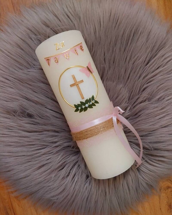 Taufkerze Mädchen rustik ,,Kreuz mit Schmetterling"