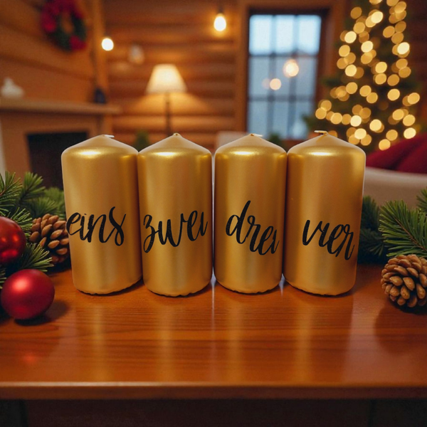 Adventskranzkerzen, Adventsdekoration, Weihnachtskerzen, Adventskerzen, Adventszeit, 4er Set,, Vintage-Design,  gold