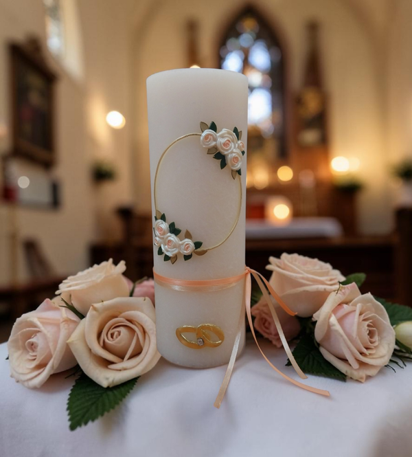 Hochzeitskerze rustik cremeweiss, personalisiert ,,Kranz mit Ringen"