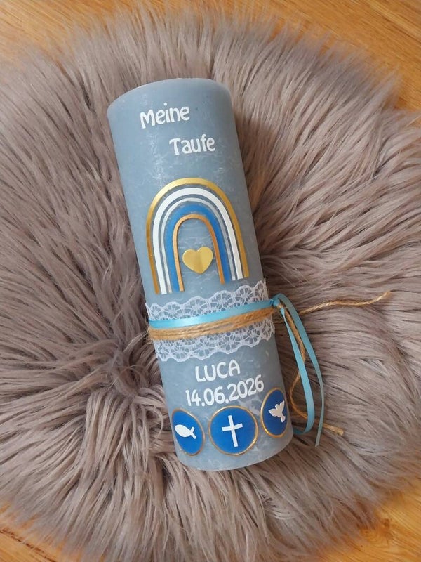 Taufkerze rustik blau Junge personalisiert,, Regenbogen Vintage-Design gold blau"