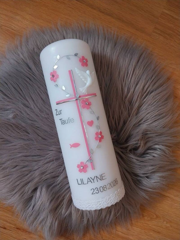 Taufkerze, Patenkerze Mädchen personalisiert,  Taufspruch ,,rosa Kreuz mit Silber und Blumen"
