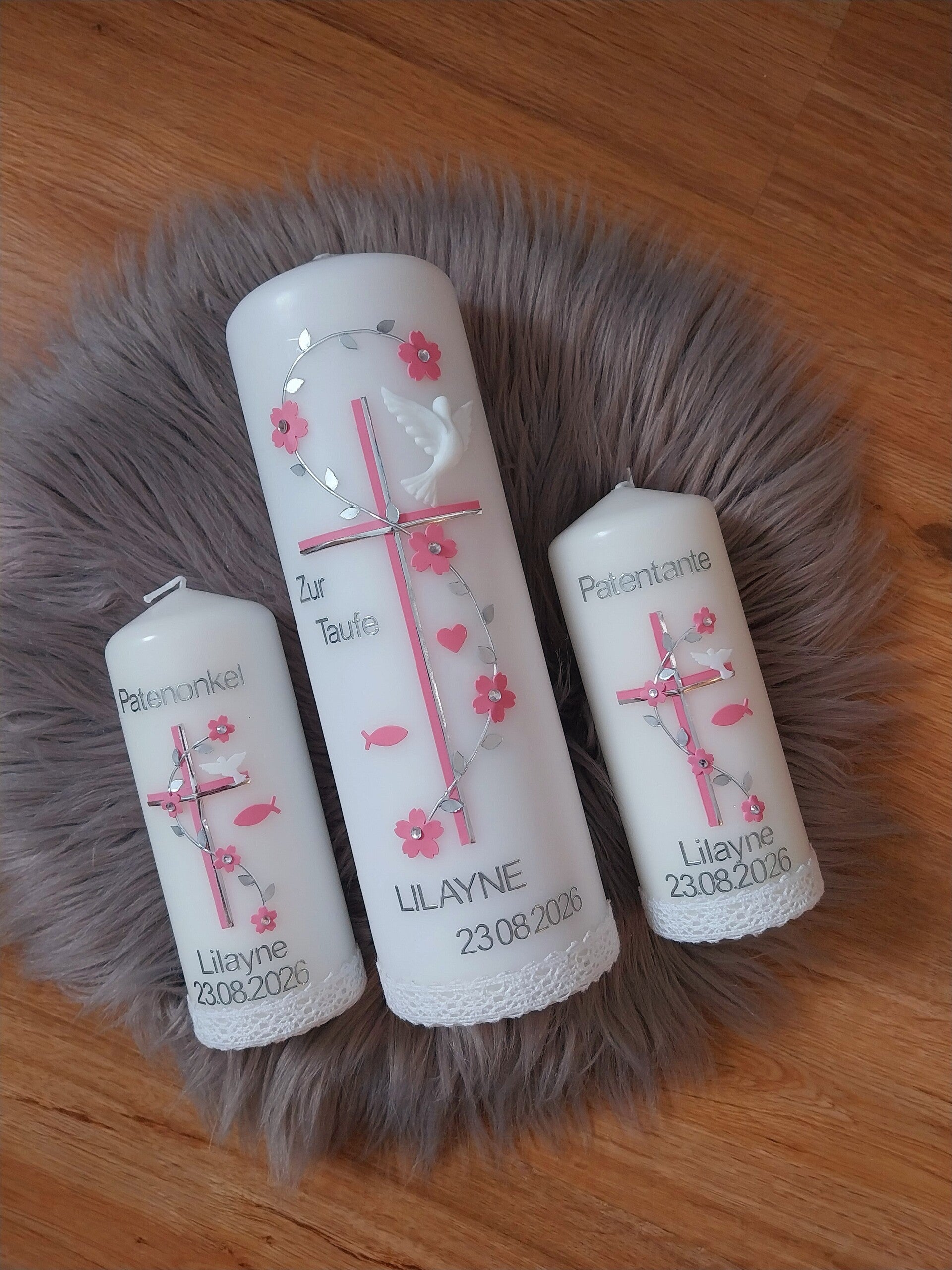 Taufkerze Mädchen ,,rosa Kreuz mit Silber"