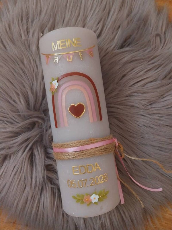 Taufkerze rustik grau Mädchen personalisiert,,Regenbogen Pastellfarben Farben mit gold""