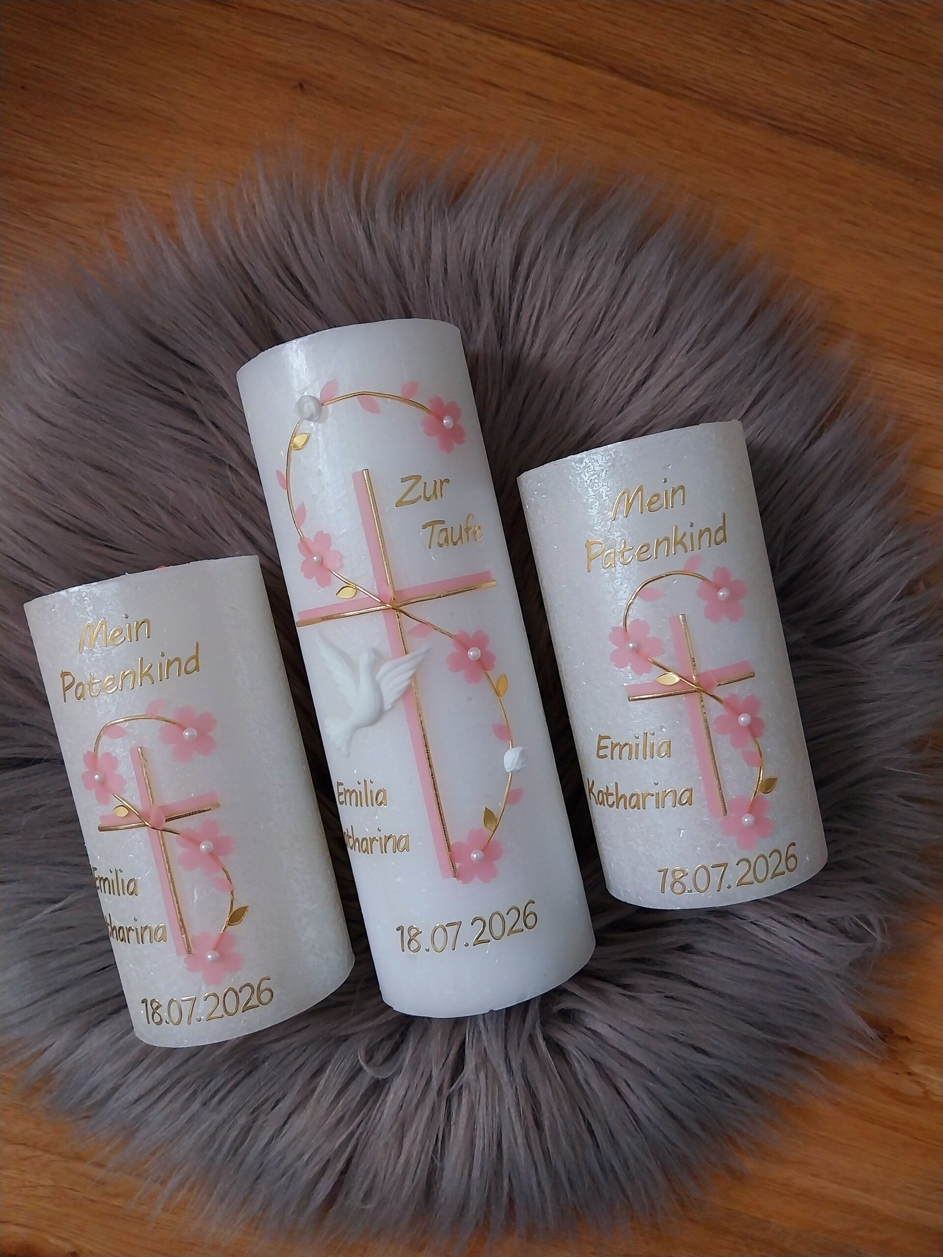 Taufkerze,Patenkerze Mädchen rustik personalisiert und Taufspruch,,rosa Kreuz mit Blumen"