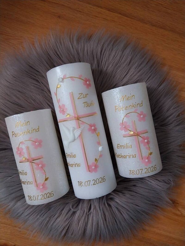 Taufkerze,Patenkerze Mädchen rustik personalisiert und Taufspruch,,rosa Kreuz mit Blumen"