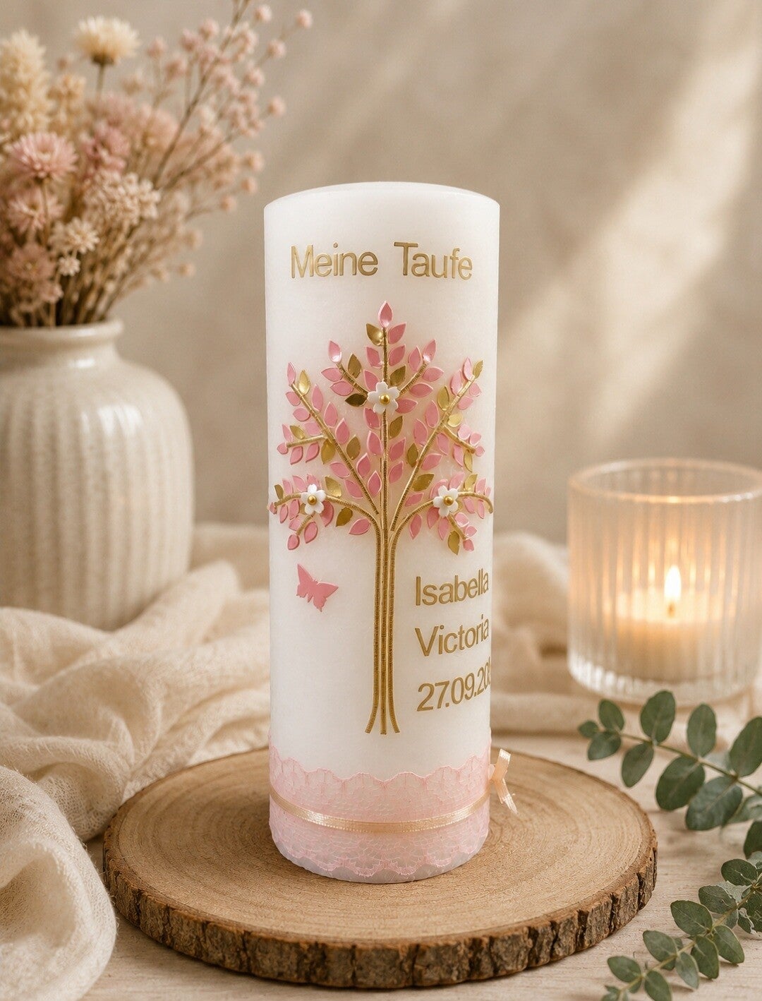 Taufkerze rustik Mädchen personalisiert und mit Taufspruch,,rosa gold Lebensbaum''