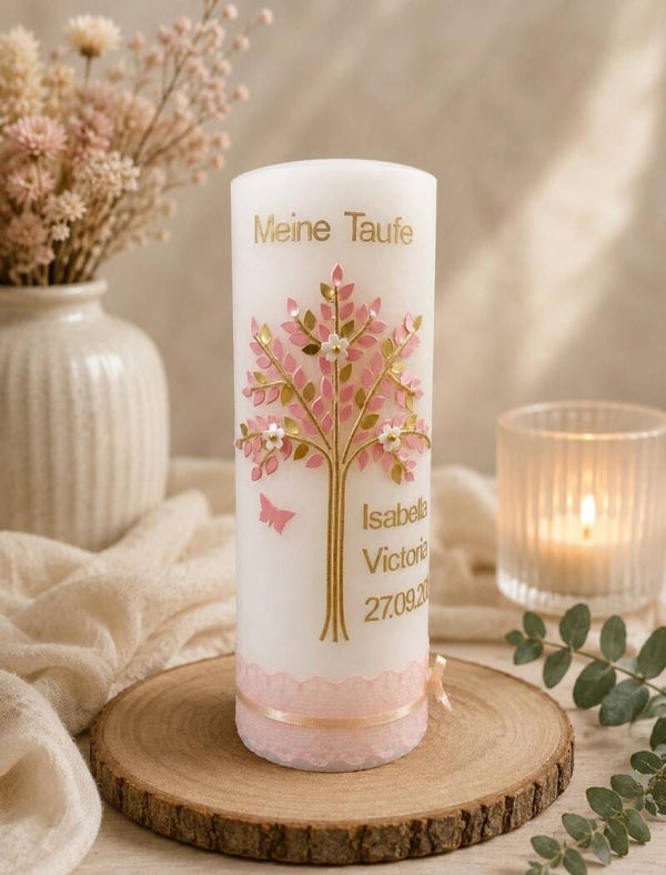 Taufkerze rustik Mädchen personalisiert und mit Taufspruch,,rosa gold Lebensbaum''