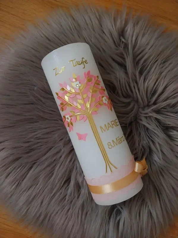 Taufkerze rustik Mädchen ,,rosa gold Lebensbaum''