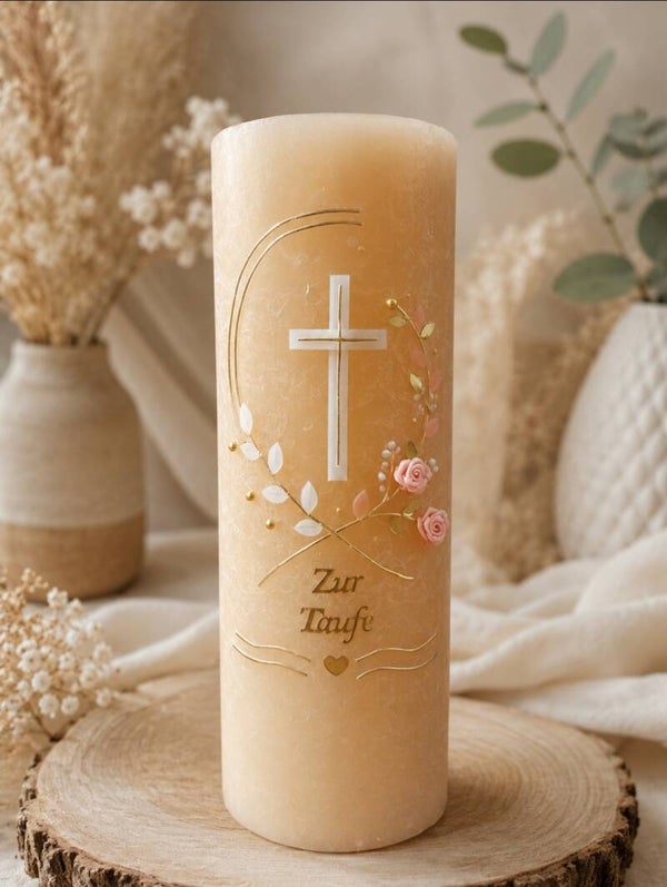 Taufkerze rustik Mädchen personalisiert ,,Kreuz Rose Gold Vintage-Design"