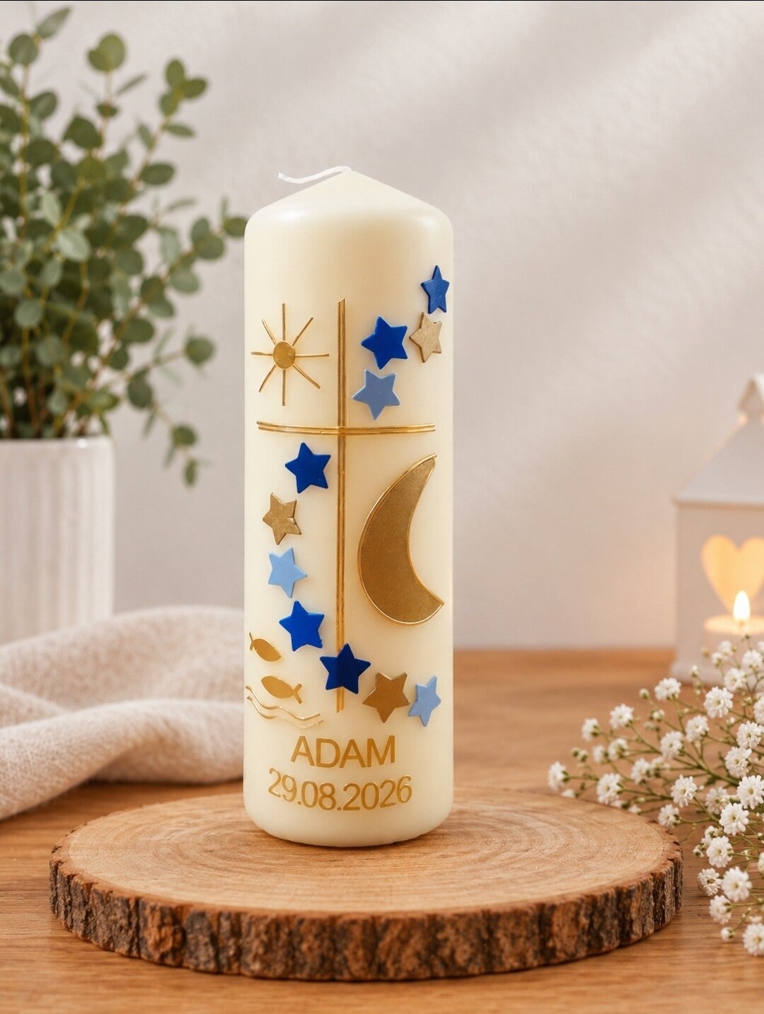Taufkerze Junge/Mädchen personalisiert, Taufspruch,,Sterne mit Kreuz-Silber-gold-blau