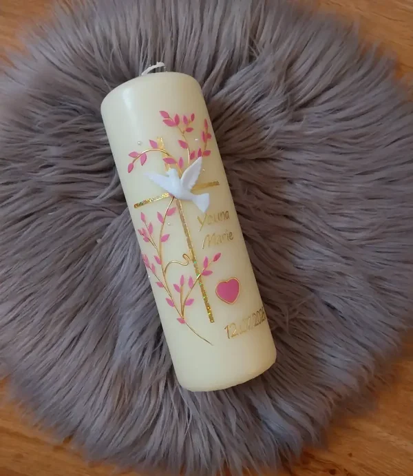 Taufkerze, Patenkerze Mädchen personalisiert, Taufspruch,,gold mit rosa blüten''