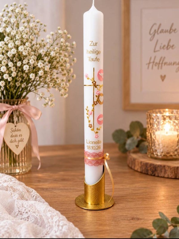 Kommunionkerze, Taufkerze Mädchen personalisiert ,,goldenes Kreuz mit Symbolen"