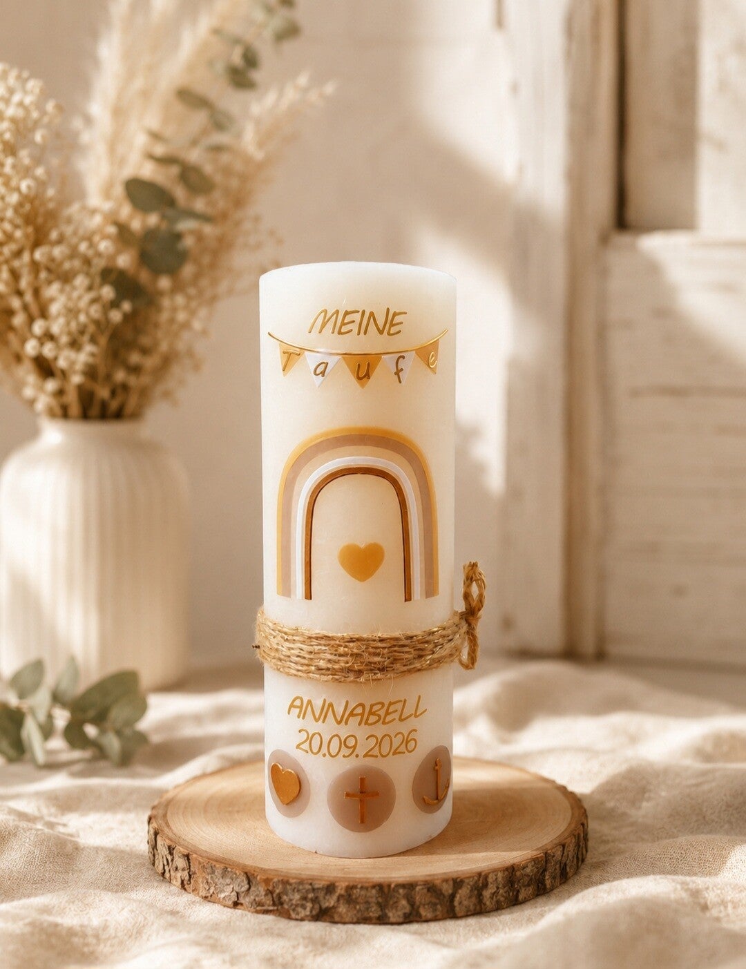 Taufkerze junge/Mädchen rustik cremeweiss/beige personalisiert ,,Regenbogen Vintage-Design"
