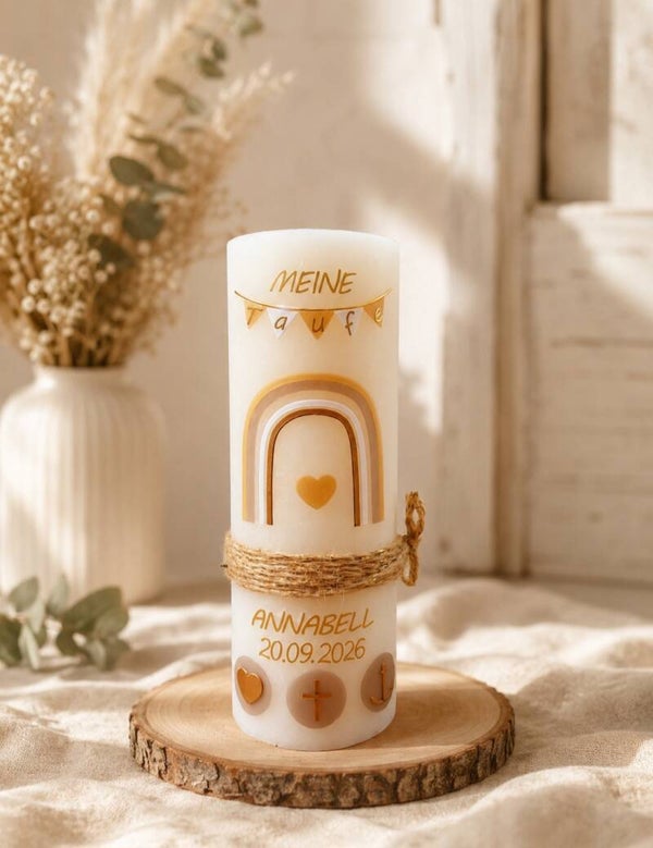 Taufkerze junge/Mädchen rustik cremeweiss/beige personalisiert ,,Regenbogen Vintage-Design"