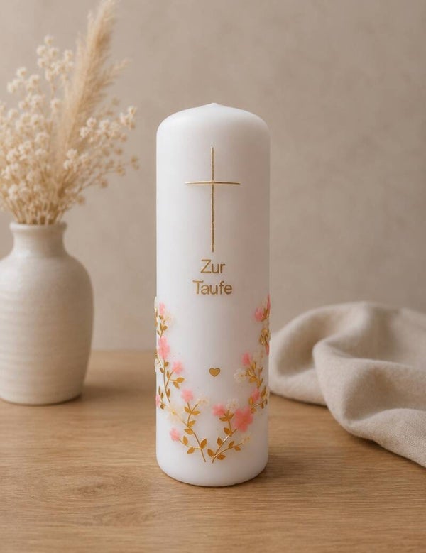 Taufkerze, Patenkerze Mädchen personalisiert gold,rosa mit Kreuz und Blumen
