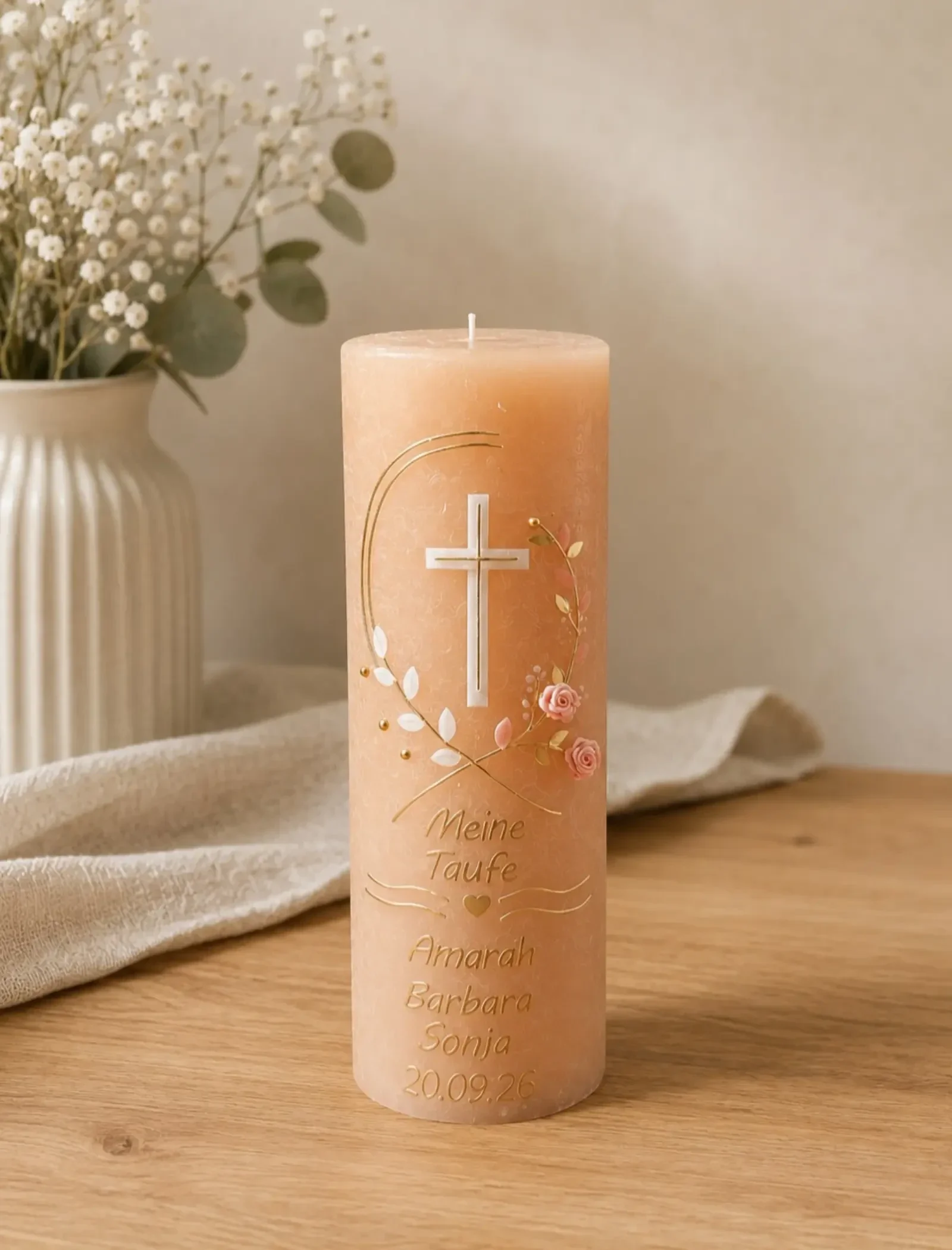 Taufkerze rustik Mädchen personalisiert ,,Kreuz Rose Gold Vintage-Design"