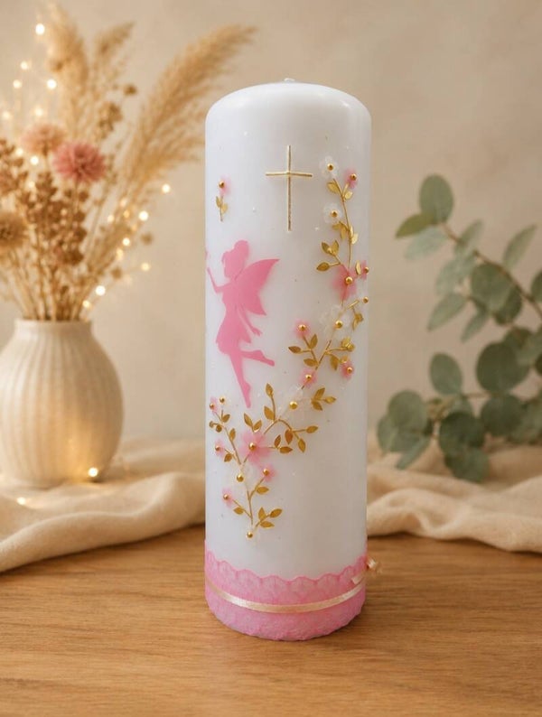 Taufkerze Mädchen personalisiert gold,rosa mit Kreuz, Blumen und Fee