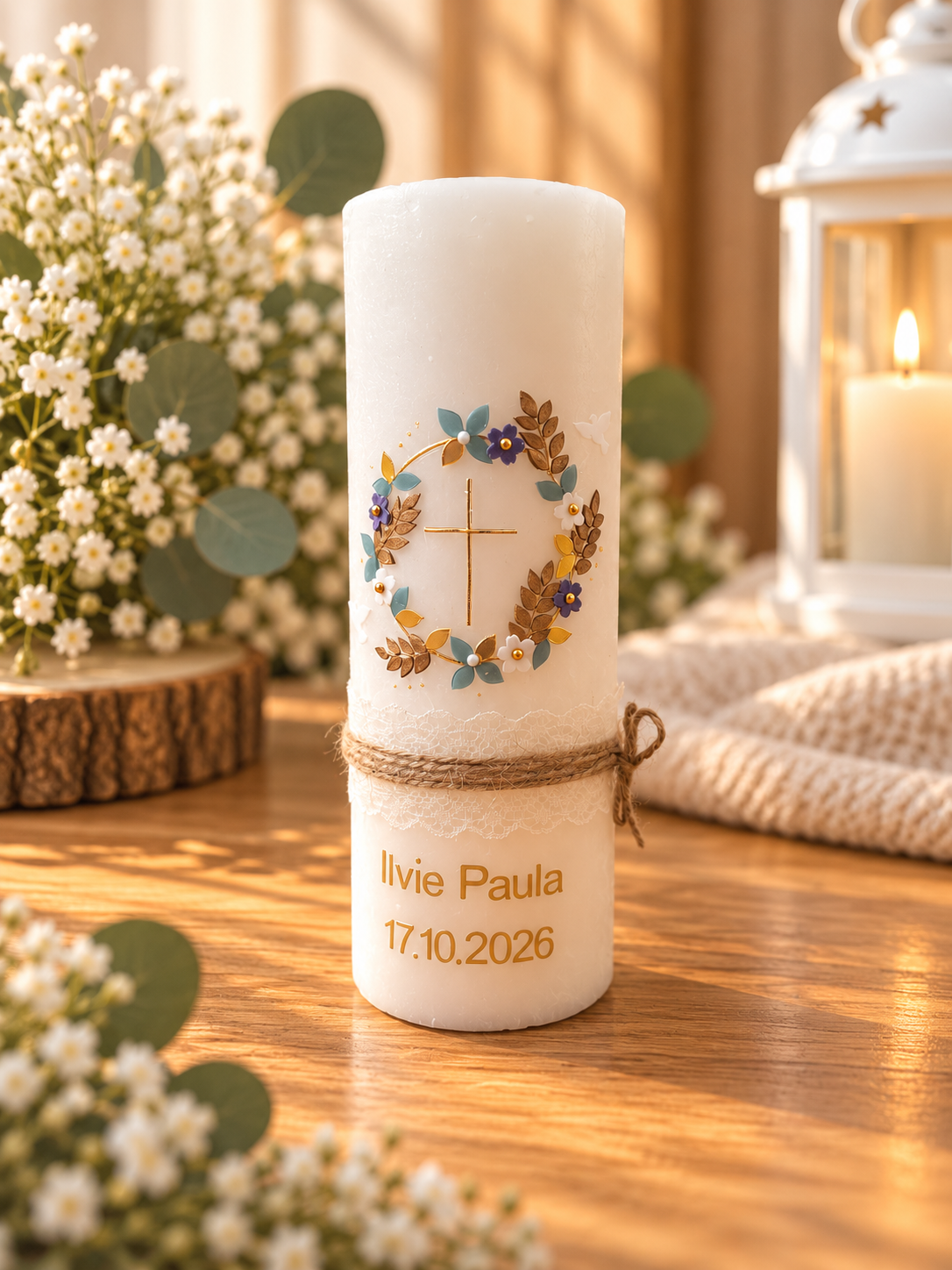 Taufkerze rustik Mädchen personalisiert,,Kranz mit Kreuz in Vintage-Design"