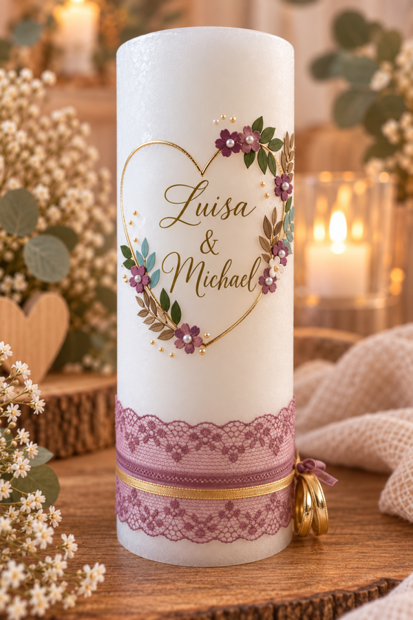 Hochzeitskerze Rustik personalisiert ,,Herzen Kranz''