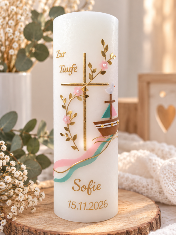 Taufkerze Rustik weiss personalisiert Kreuz mit Blumenranke &Schiff