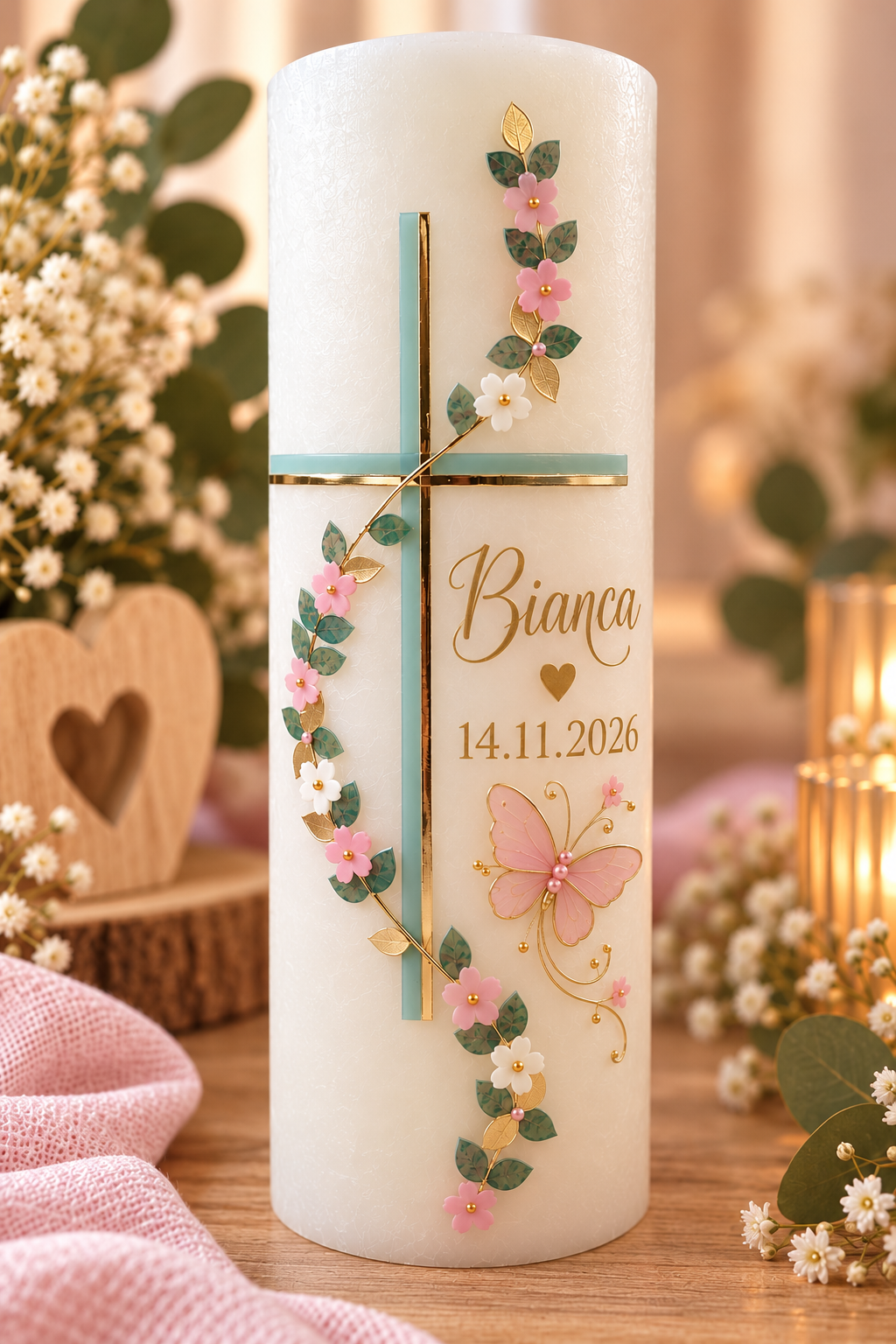 Personalisierte Taufkerze Mädchen Rustik| Kreuz| Schmetterling| Blumen