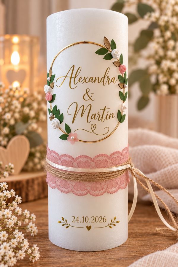 Hochzeitskerze rustik personalisiert,,Blumen Kranz''