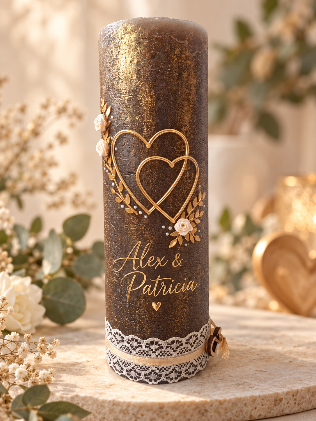 Hochzeitskerze rustik braun mit gold, personalisiert mit 2 Herzen und Rosen