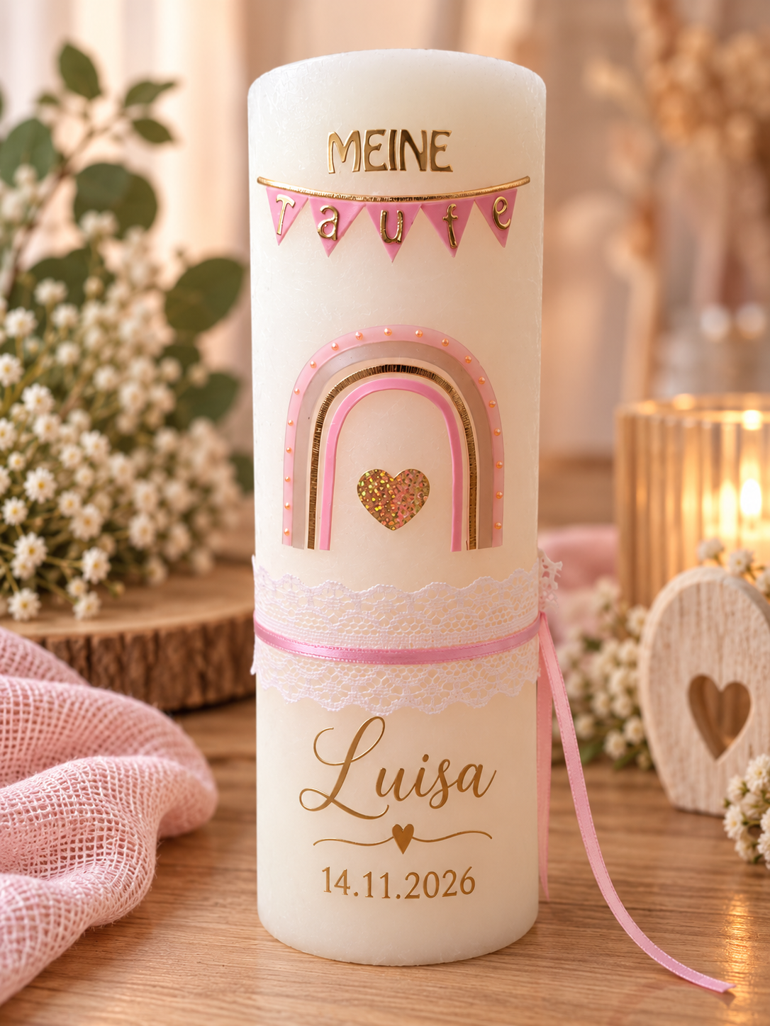 Taufkerze Mädchen rustik cremeweiss personalisiert und Taufspruch,,Regenbogen "