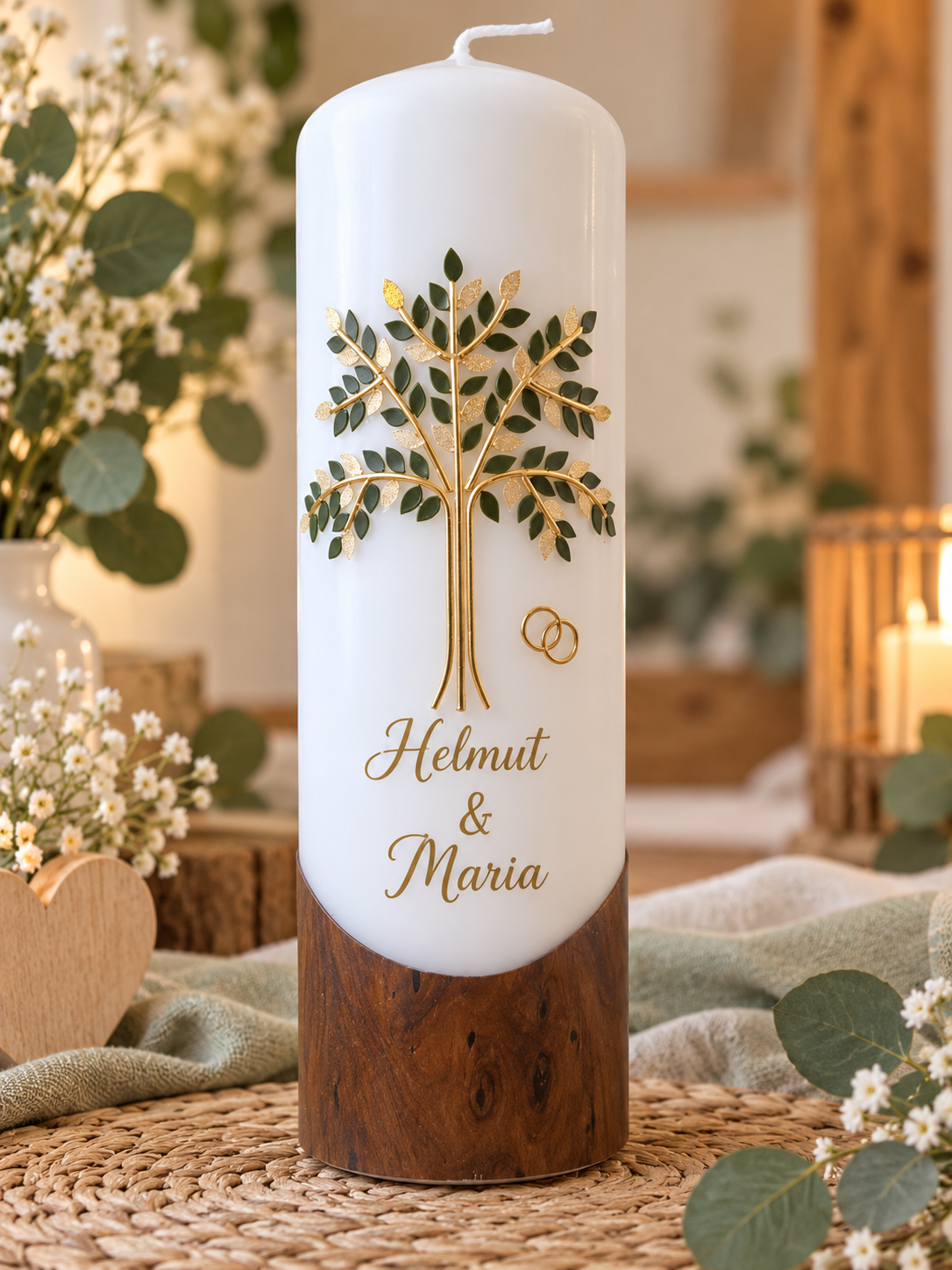 Hochzeitskerze mit Baumstamm Optik, personalisiert,, Lebensbaum''