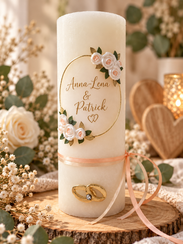 Hochzeitskerze rustik cremeweiss, personalisiert ,,Kranz mit Ringen"